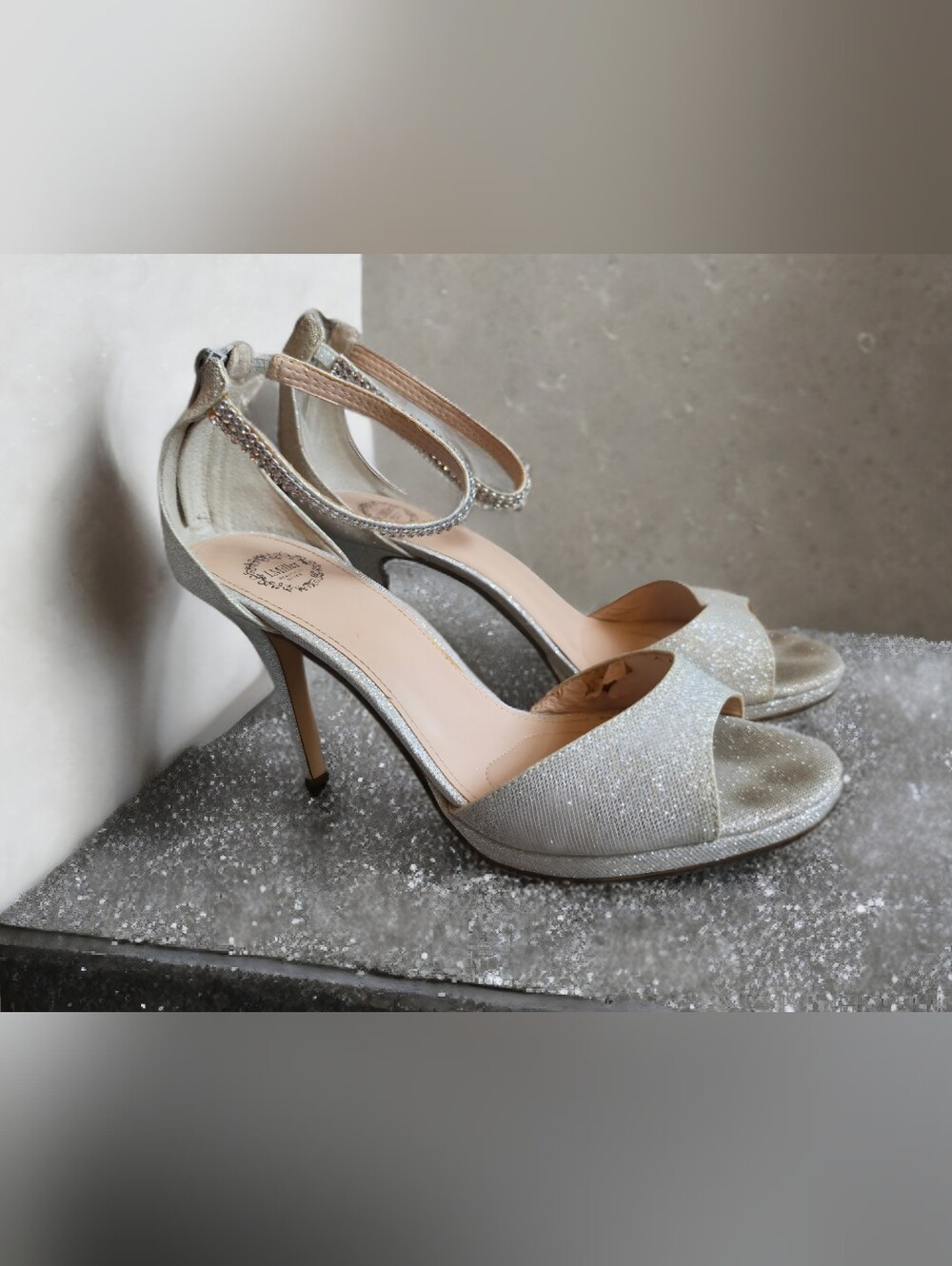 Women Heel Ankle Strap Size 9.5 Silver Sparkle Back Zip Evening Shoes